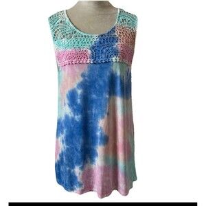 Tie Dye sleeveless Top Blue Pink Green Crochet Overlay Boho Size M